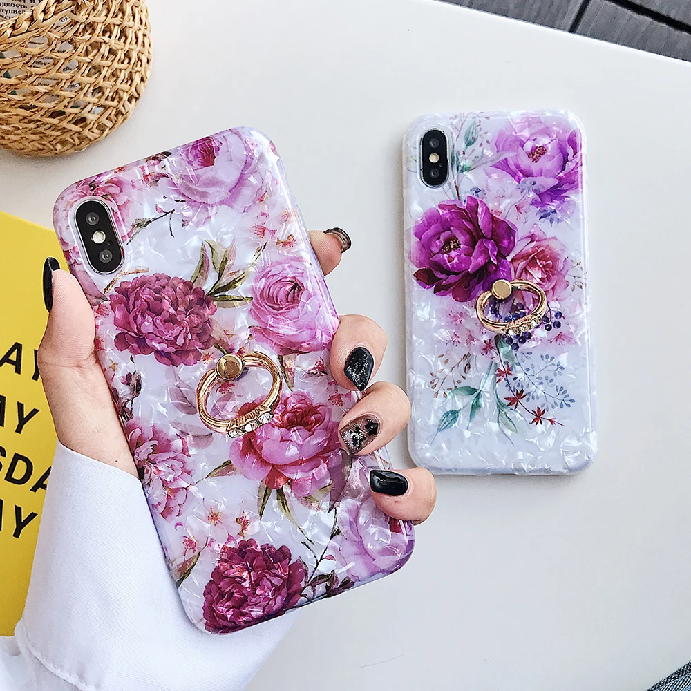 

SUYACS Dream Shell Phone Case For iPhone XS Max XR 6 6s 7 8 Plus X Vintage Flowers Soft IMD Phone Back Cover With Finger Ring
