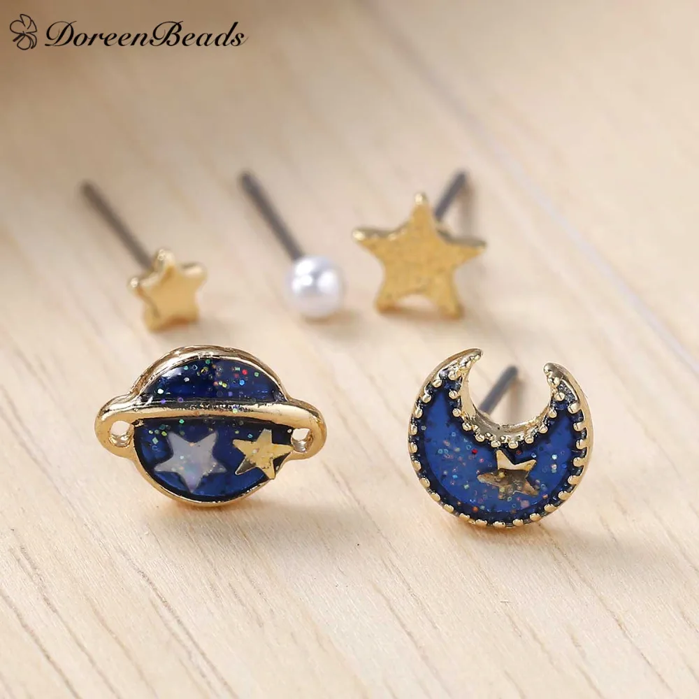 DoreenBeads 2016 Summer Deep Blue Five Point Star Moon Planet Stud Earrings Gold Plated Trendy Funny 11x8mm-3mm 1Set (5 Pieces)