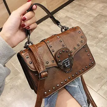 

European Vintage Fashion Female Square Bag 2018 New High quality PU Leather Women bag Rivet Lock Tote bag Shoulder Messenger Bag