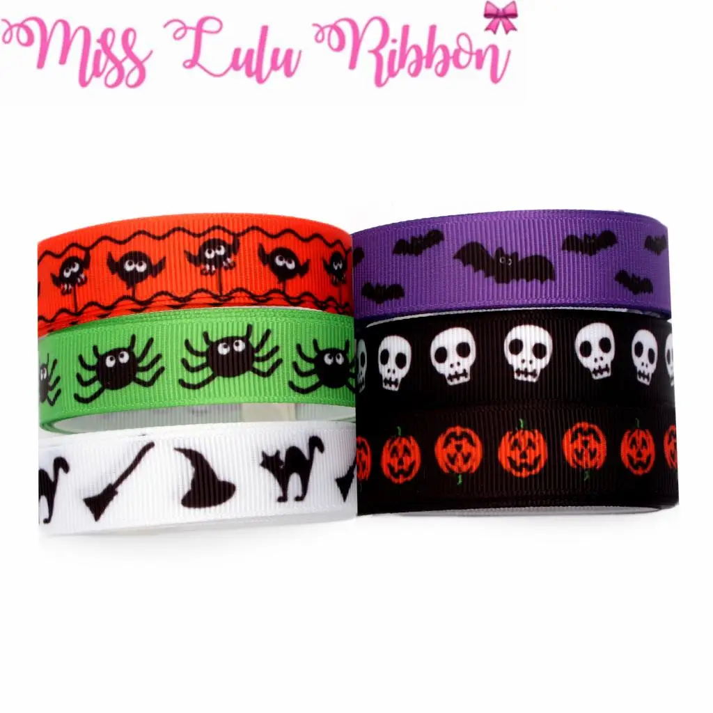 

16mm-75mm Cartoon Ghost Bat Pumpkin Printed Grosgrain/Elastic Ribbon Cartoon DIY Hair Bowknot Halloween Party Decor 50yards/roll