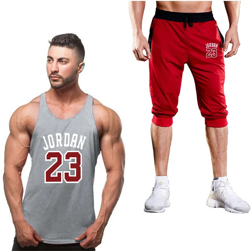 Мужская спортивная одежда Спортивная жилетка+ шорты Мужская Беговая красная Jordan 23 Печать Спортивный костюм для мужчин Открытый Бег - Цвет: 13