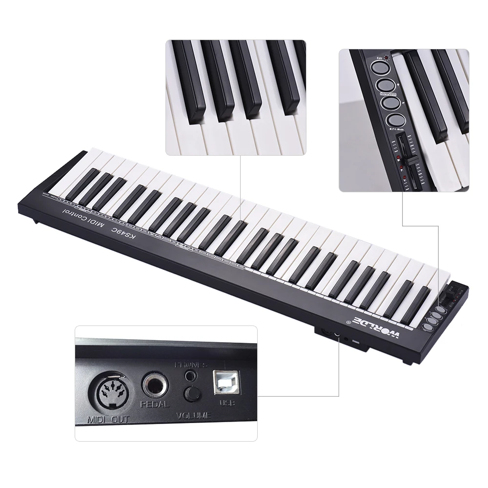  WORLDE MIDI Keyboard Controller Ultra-Portable 49-Key USB with 6.35mm Pedal Jack MIDI Out Musical K