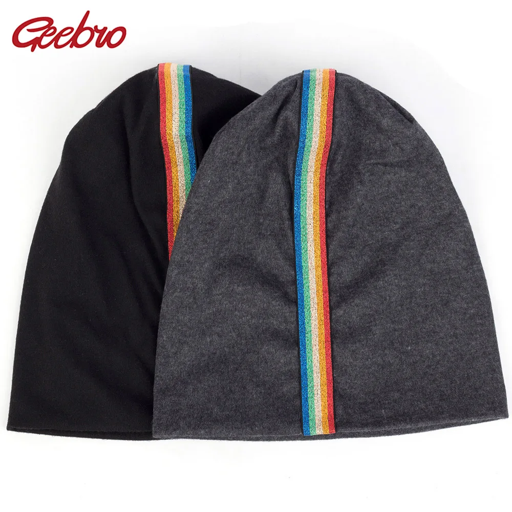 

Geebro New Spring Winter Women's Rainbow Striped Beanies Unisex Slouchy Solid Skullies Cotton Caps For Girls Bonnets Cap Hat