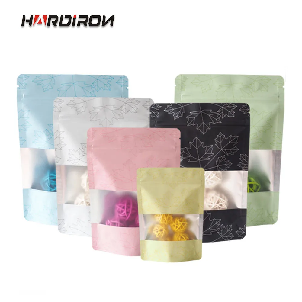 

HARDIRON 100PCS Colored Maple Leaf Transparent Scrub Window Stand-up Bag Dried Fruit Snacks Grain Aluminum Foil Zipper Bag