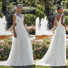 Open V-Neck A-Line Tulle Wedding Gown with Venice Lace Applique White/Ivory Outdoor Bridal Dress robe mariage