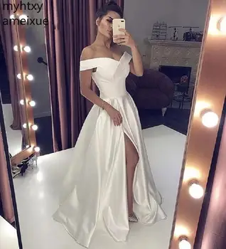 

Elegant Boat Neck Off The Shoulder Sleeveless A-line 2020 High Satin Pure White Evening Dresses Simple Style Women Prom Gowns