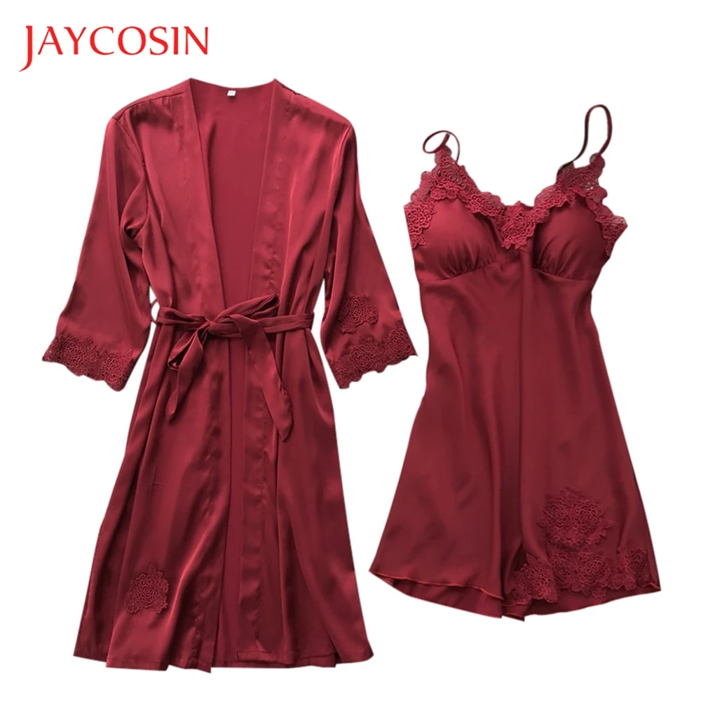 

JAYCOSIN Women Silk Lingerie Lace Robe Dress Nightdress Babydoll Womens Lingerie New Arrival 2019 Sleepwear Kimono Set