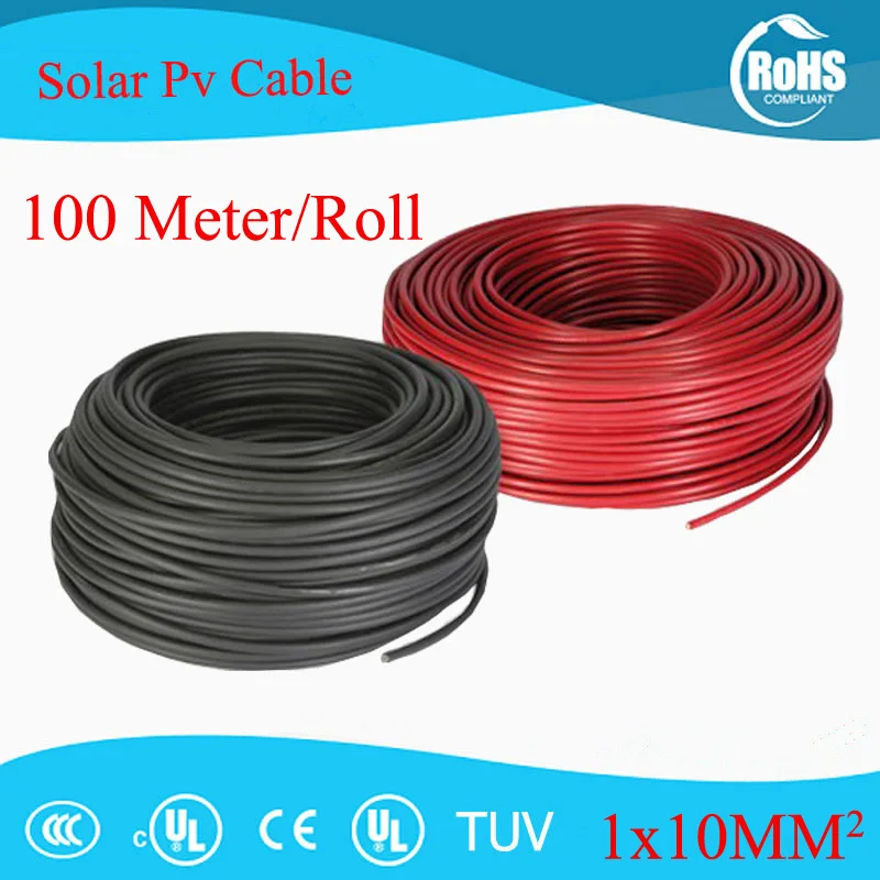 100 Mters/рулон TUV 1x10mm2 Солнечный Кабель провод для системы солнечной энергии 8AWG PV