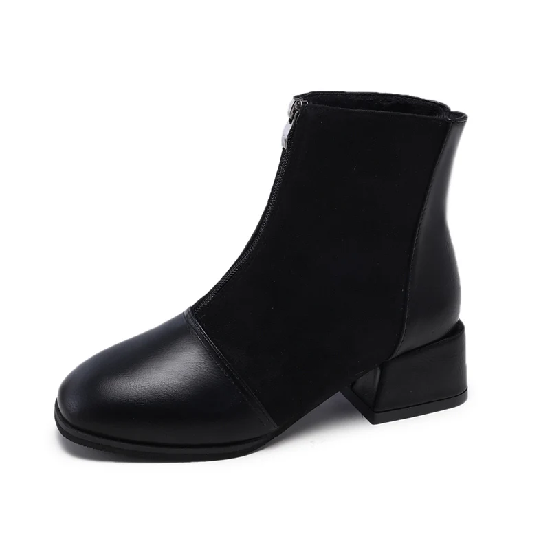 

Front zipper booties female winter plus velvet 2018 new square head thick with bare boots thin boots retro Martin boots