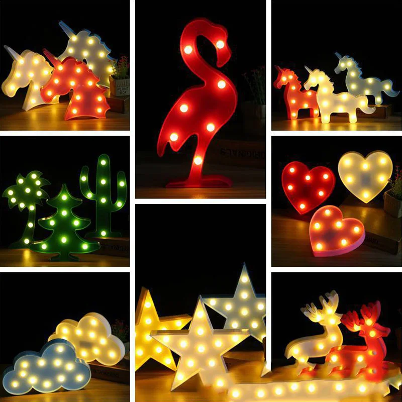 Животное светодиодный 3D ночной Светильник для рождественской вечеринки декор кактус формы Единорог Фламинго олень Спальня украшения