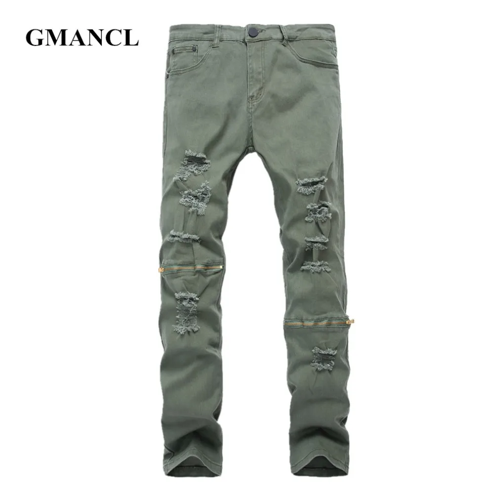 Knee Zipper Men Skinny Ripped Army Green Gray black Jeans New Mens