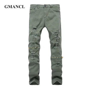 

Knee Zipper Men Skinny Ripped Green Gray black Jeans New Mens Destroyed Elastic Denim Pants Streetwear Hiphop Plus Size 42