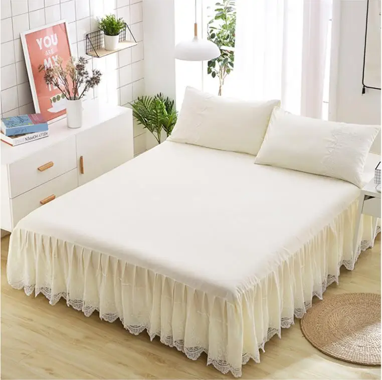 Beige/Pink Lace Bed Skirt Princess Bedspread Bedsheet Pillowcase 1/3pcs