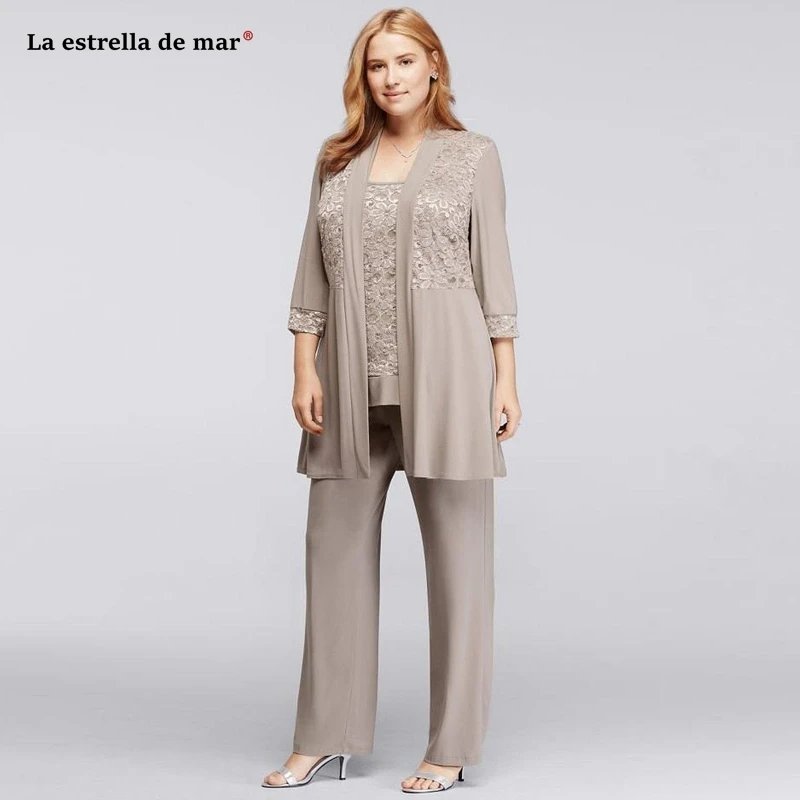 

New Khaki Chiffon Mother Of The Bride Suits Pants Jacket Long Sleeves Three Pieces Plus Size Lace Appliques Ankle-Length Mothers