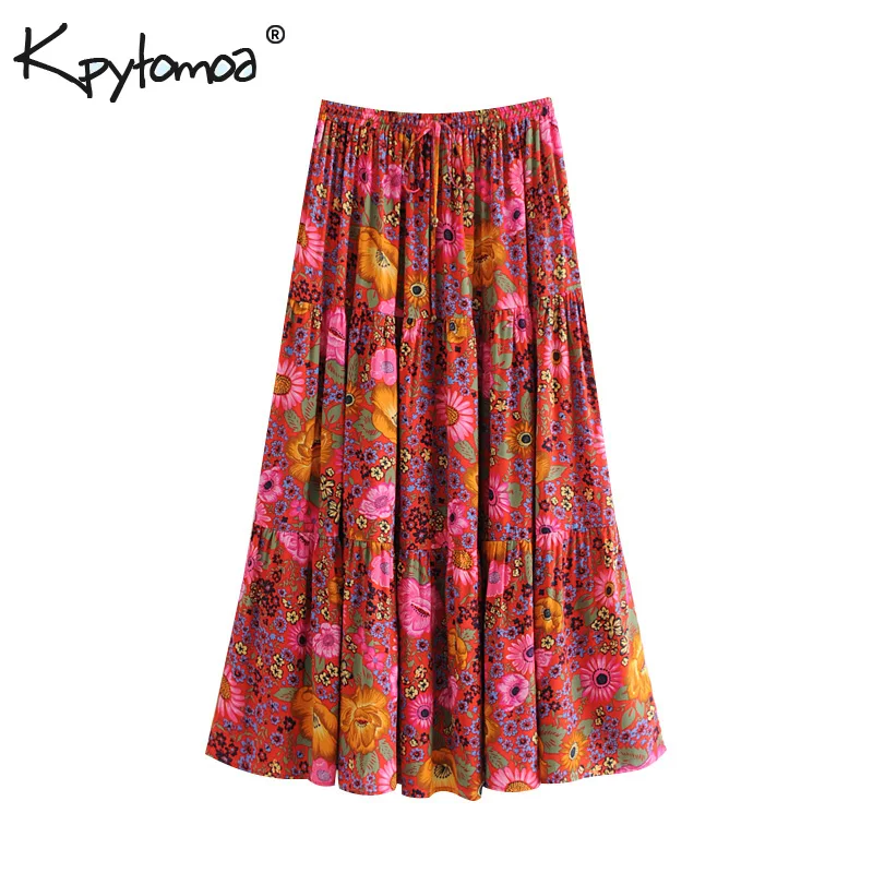 

Boho Vintage Chic Floral Print Pleated Skirt Women 2019 Fashion Elastic Waist Patchwork Summer Beach Skrit Casual Faldas Mujer