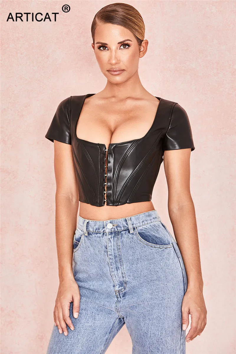 Articat Black PU leather Sexy Corset Crop Tops For Women Single Breasted Short Tank Top Summer Solid Casual Women Crop Top Tees