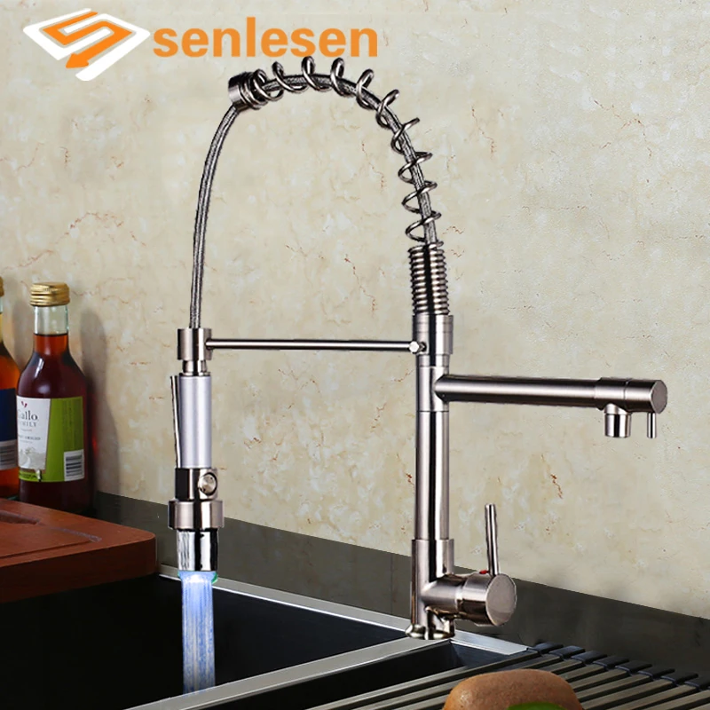

Senlesen Kitchen Sink Faucet Pull Down LED Sprayer Chrome/ Brush Kitchen Faucets Single Handle Hot and Cold Mixer Taps