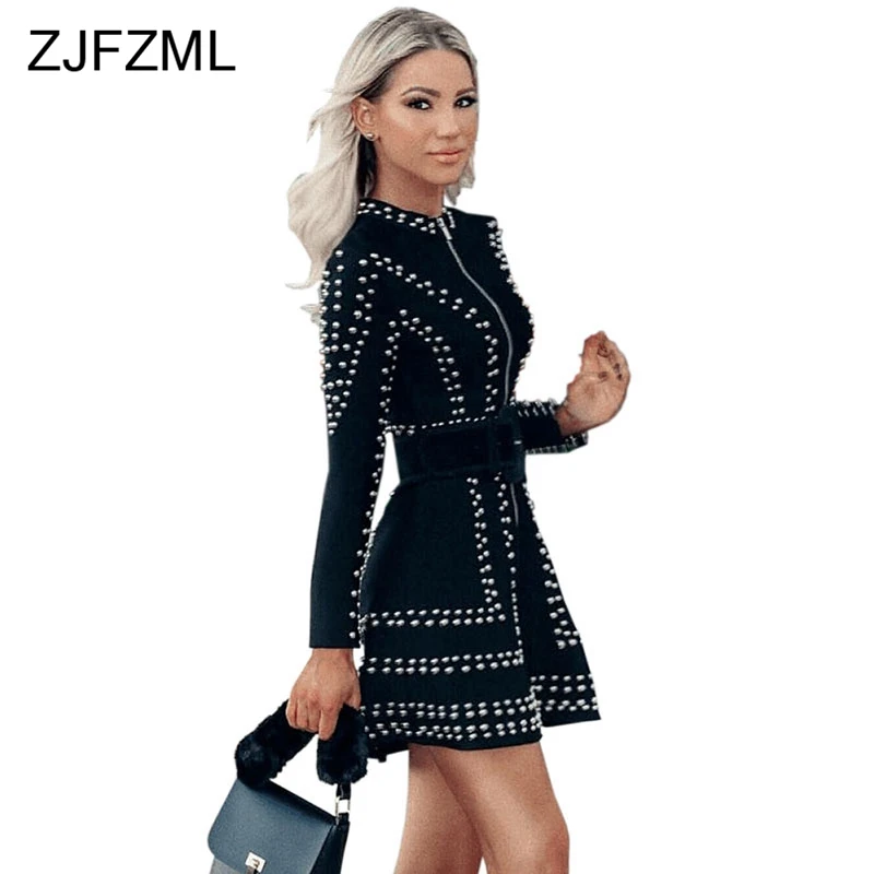 

Two Piece Set Sexy Zippers Women Diamonds Dress New Round neck Long Sleeve Bandage Dress 2019 Spring Fashion Club Bodycon Dress