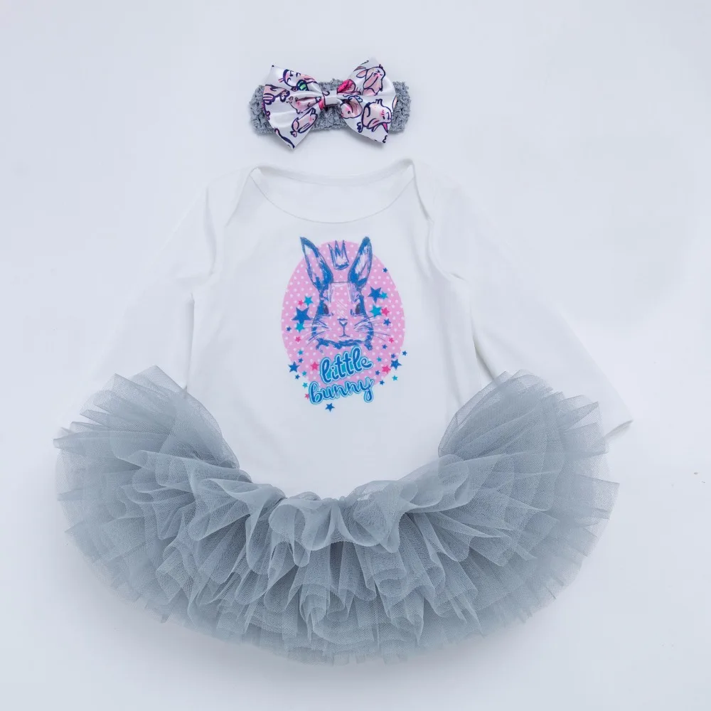 

YK&Loving Spring summer girl baby clothing set 0-2 year kids white long sleeve rabbit brithday party primary gray dress