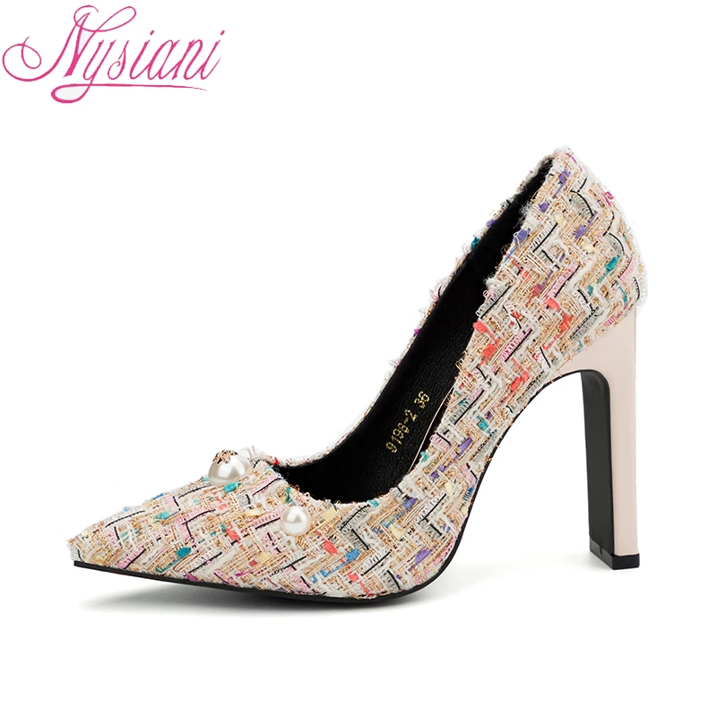 

2018 Spring Pointed Toe Dress Pearl High Heels Slip-on Fashion Nightclub Party Sexy Thick Heels Women Shoes Pumps Nysiani