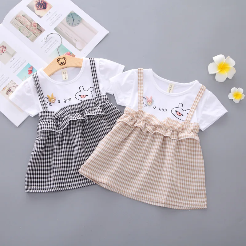 

New Summer Cotton Children Clothing Toddler Cartoon Short Sleeves Baby Girls Fashion Infant Dress Kids Princess Lattice Clothes