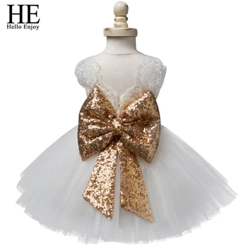 

HE Hello Enjoy Baby Girls Dresses Christening Gown Lace Bow Sequins Princess 1st Birthday Party Dress For Toddler Girl Clothes