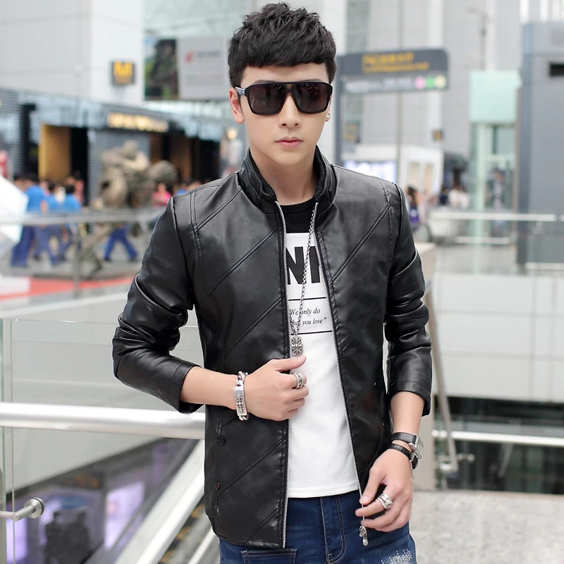  Fashion Men's Long Sleeve PU Jacket Black Red Yellow Upscale Casual Men Twill Coat Size S M L XL 2X