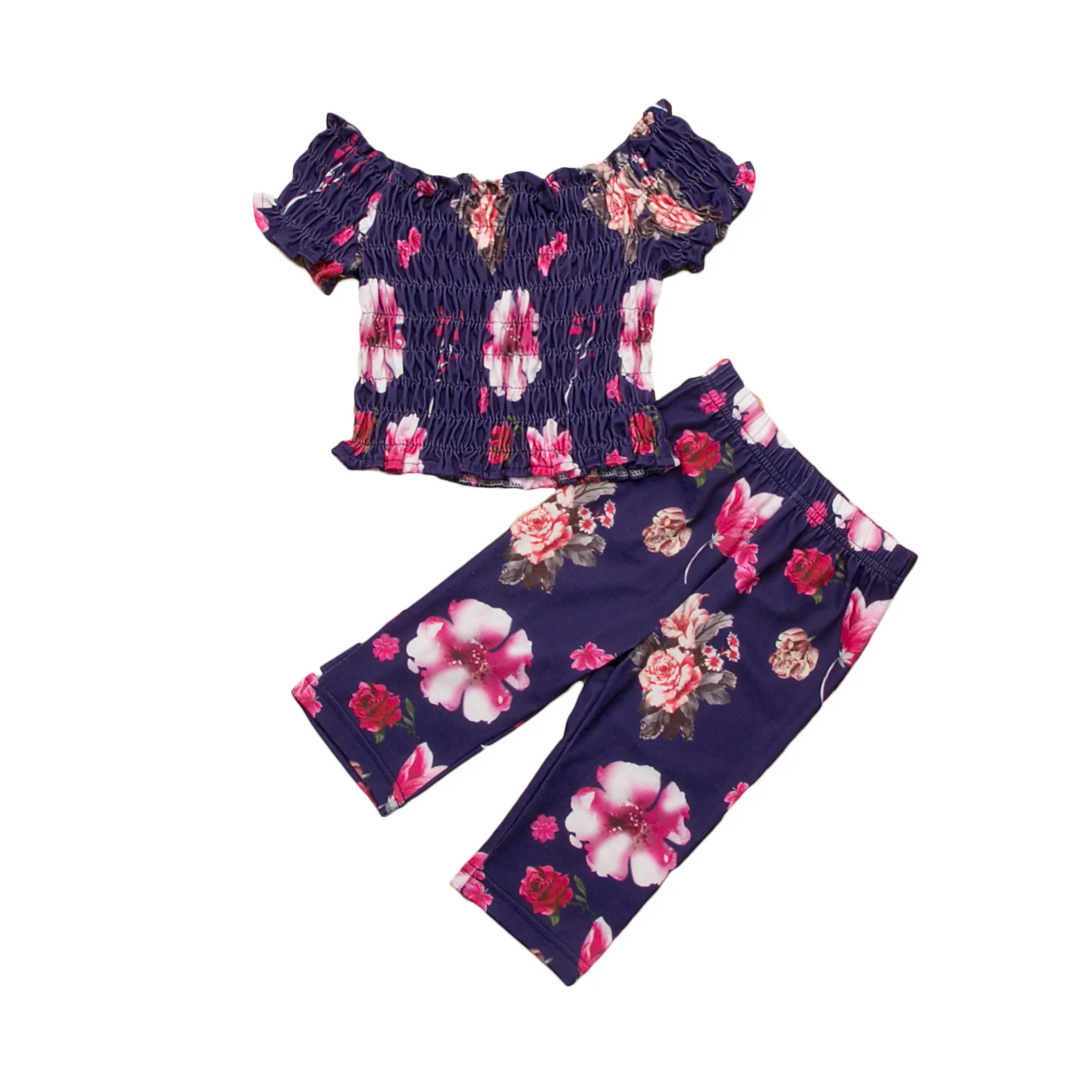 Детская одежда для маленьких девочек, топы с короткими рукавами и цветочным принтом, штаны, 2 предмета, летняя одежда, детский комплект