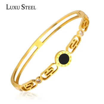 

LUXUSTEEL bracelet femme Gold Round Roman Numberal Stainless Steel Cuff Bangles Female Accessories Best Friend Party Wholesale