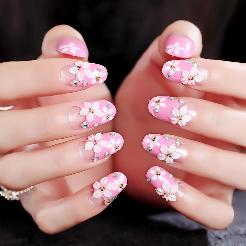 

24pcs DIY Flower Design Nail Art Tips with Glue Shining Rhinestones Beauty False Nails Sweet Pink Color Long Size Fake Nails