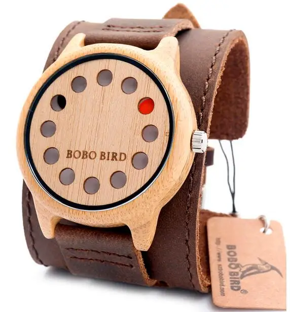 BOBO BIRD V-A26, 12 отверстий, дизайнерские бамбуковые деревянные часы, мужские кварцевые аналоговые часы, коричневые кожаные деревянные наручные часы - Цвет: Розовый
