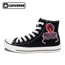 Men Women New Converse All Star Shoes Black Carnival Mask with Red Feathers High Top Black Canvas Sneakers Unique Presents