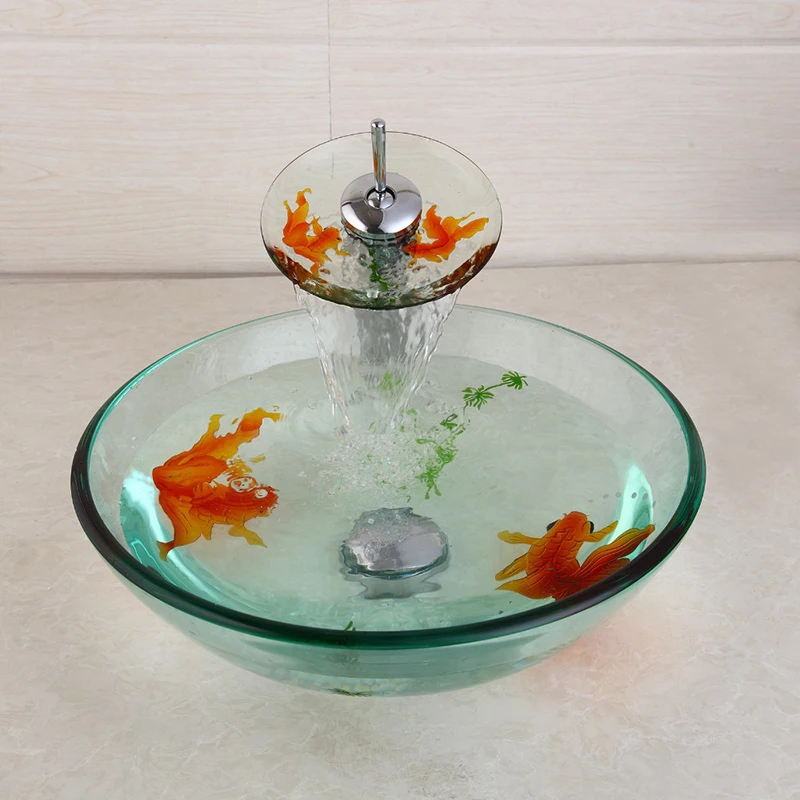 Us 105 37 42 Off Kemaidi Modern Bathroom Glass Golden Fish Painted Vessel Sink Faucet Pop Up Drain Combo Sink Set Bathroom Sink Accessaries In