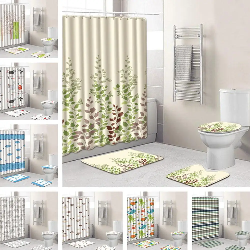 

None 4Pcs/Set Simple Printing Shower Curtain + Floor Mat +Toilet Seat Cover+ Foot Pad Set