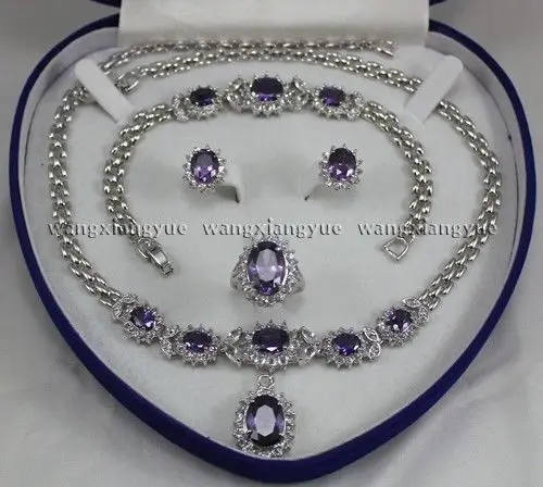 

shipping Beautiful!Amethyst Inlay Link Bracelet earrings Ring Necklace Set (A0503)