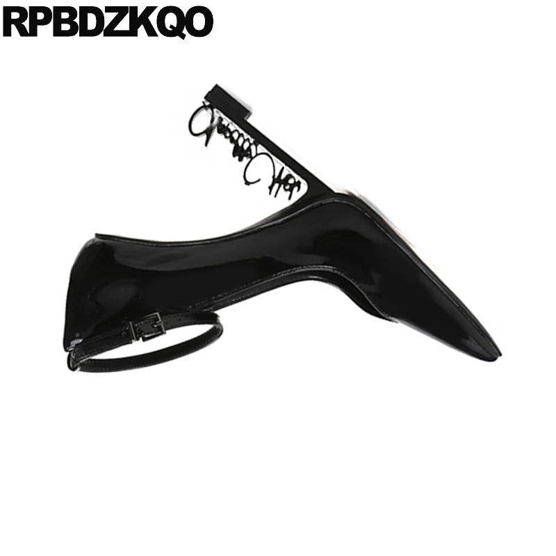 Women Shoes Size 4 34 Black Wedge Abnormal Extreme Pointed Toe Patent Leather Pumps Super High Heels Ankle Strap Ultra Novelty