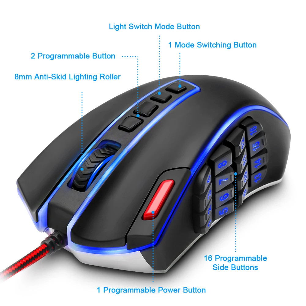 Redragon Wired USB Gaming Mouse 24000DPI 24 Buttons Laser Programmable Game Mice LED RGB Backlight Ergonomic For Laptop Computer