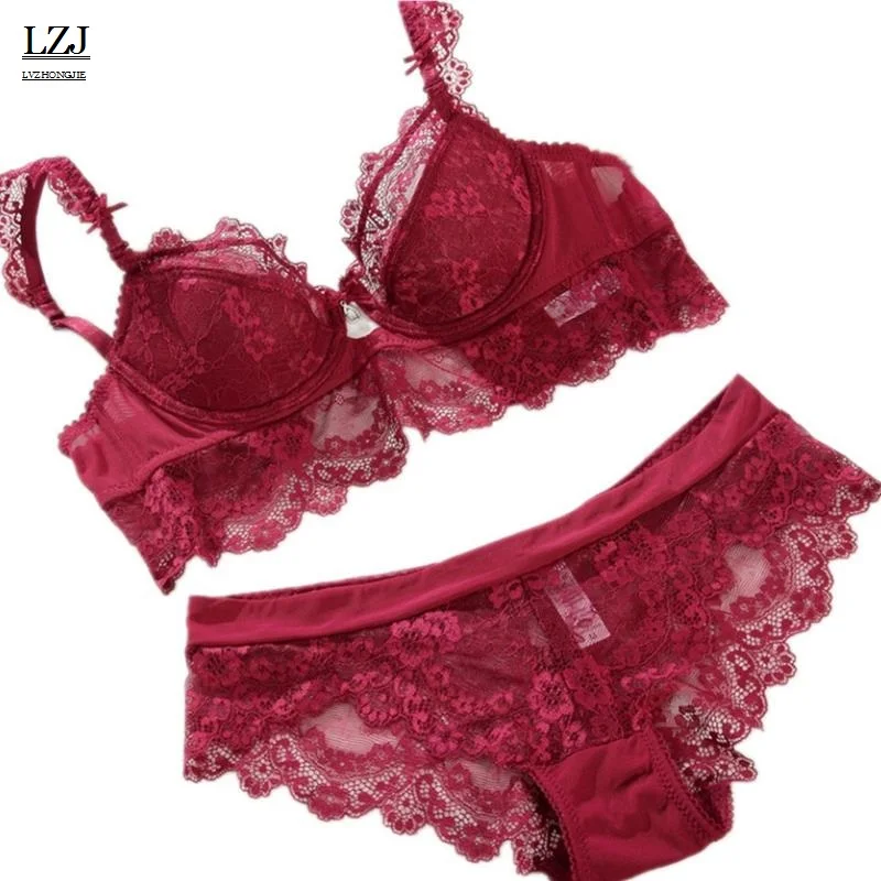 

LZJ Newest Winter Wine Red Lace Bra Adjustment Ultra-thin Side Gathering Push Up Women's Bra Sexy Lace Underwear bra 95D