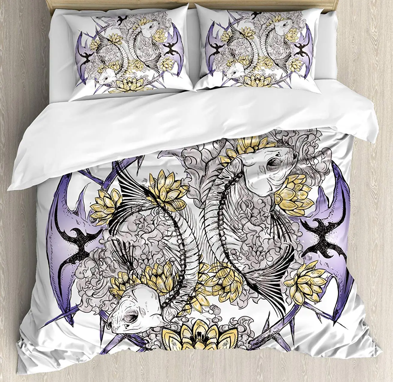 

Skull Duvet Cover Set Pisces Fish with Lotus Flowers Traditional Eastern Symbolic Spiritual Religious 3 Piece Bedding Set