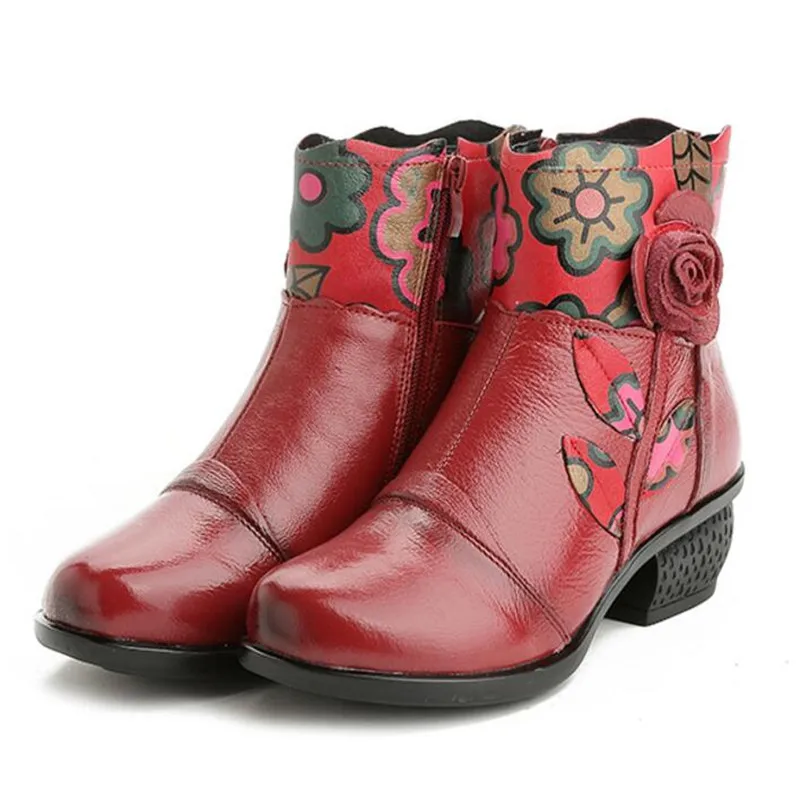 TIMETANG/Новинка года; зимняя обувь из воловьей кожи с цветочным принтом; женская модная обувь; ботильоны; теплые удобные зимние ботинки - Цвет: Красный