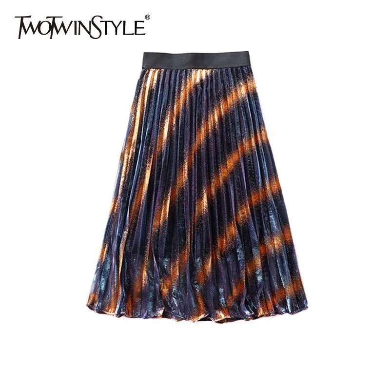 TWOTWINSTYLE винтажная Полосатая юбка для женщин с высокой талией хит цвет большой размер плиссированные юбки миди Женская мода Лето Новинка
