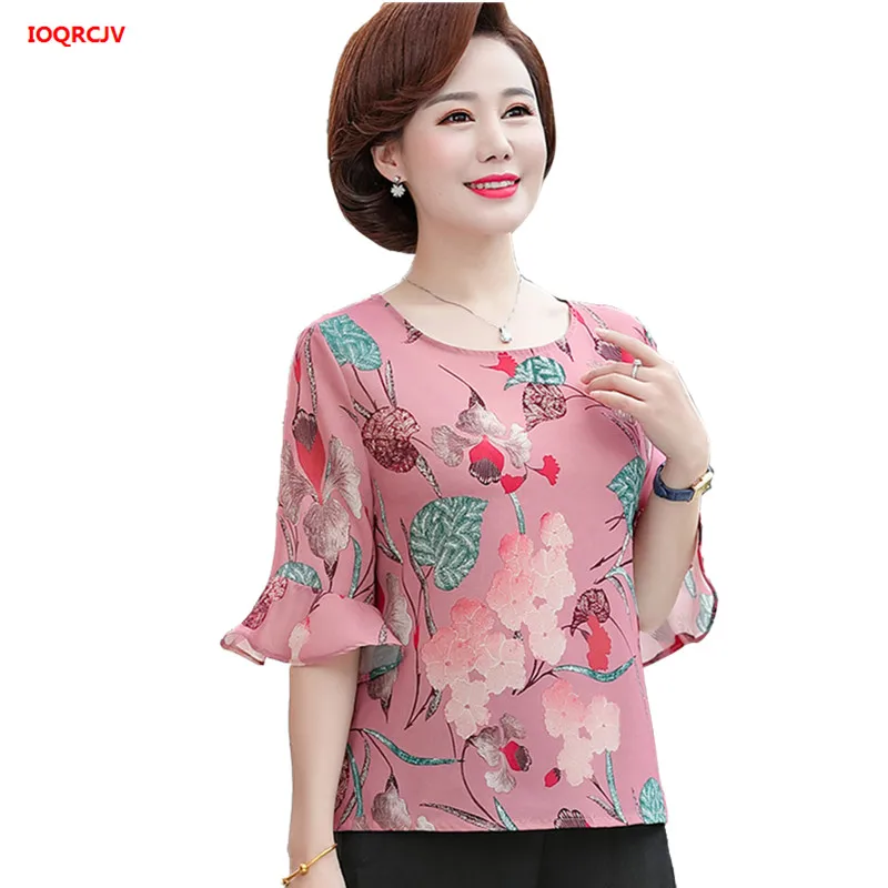 

Summer Women Large Size Chiffon Shirt Middle-aged Short-sleeved Tops Tee Loose Casual Print Chiffon T Shirt Plus Size 5XL W906