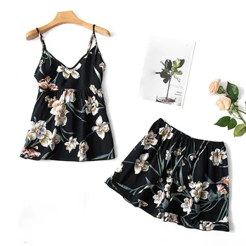 

Pajama Set Sleep Lounge Nightwear Sexy Camis Sleepwear Women Summer Pyjama Femme Fashion Flower Pajamas for Women 2pcs 6.17