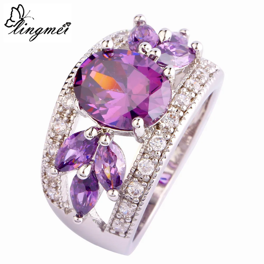 

lingmei Wholesale Fashion Exalted Purple White CZ Silver Color Ring Size 7 8 9 10 11 12 Women Nice Elegant Jewelry Free Ship