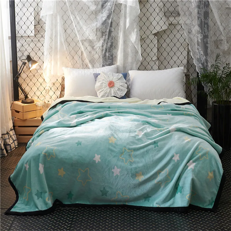 Light Green Small Fresh Color Stars Pattern 1PC Bed Blanket Fleece