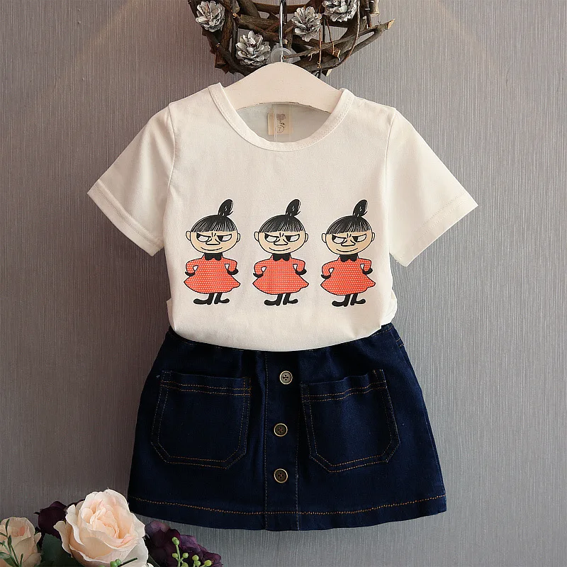 

2019 Brand New 3-9Y Toddler Baby Girls Summer Casual Clothes Sets Cartoon Cotton T-Shirts Tops Denim Skirts 2Pcs Outfits Suits