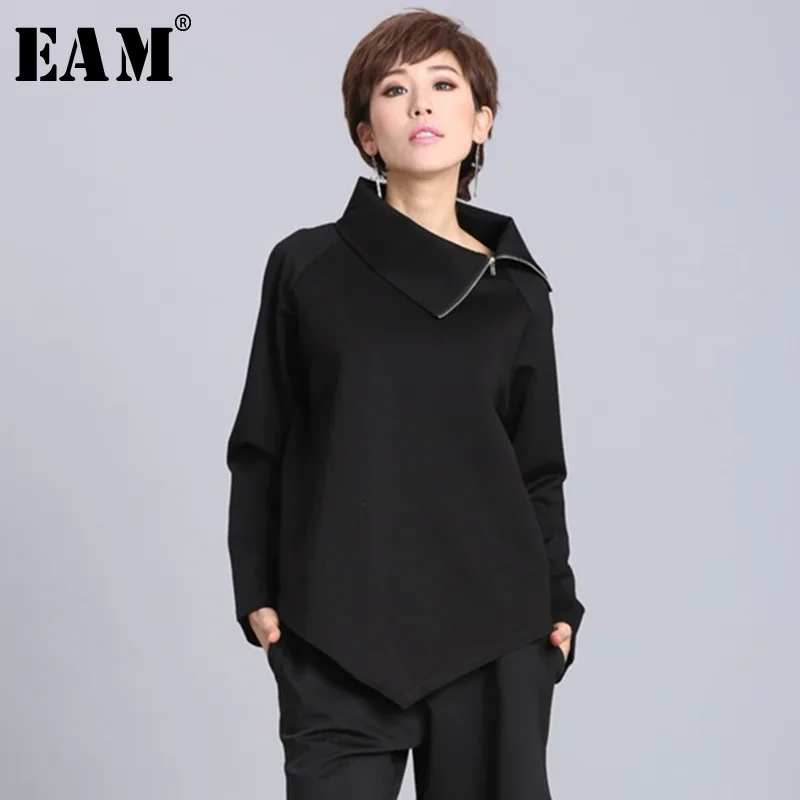 [EAM] 2019New Spring Summer Black Asymmetric Turtleneck Collar Full Sleeve Casual Zipper Women Fashion Tide Loose OA882