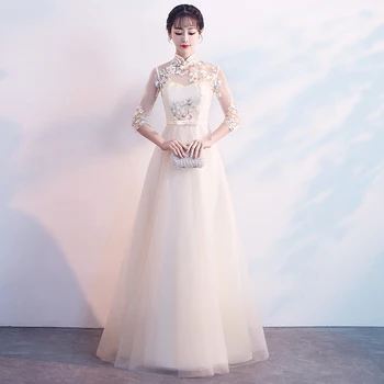 

Elegant Long A-Line Women Slim Thin Evening Party Dress Vintage Flower Chinese Style Cheongsam High Quality Wedding Gown Qipao