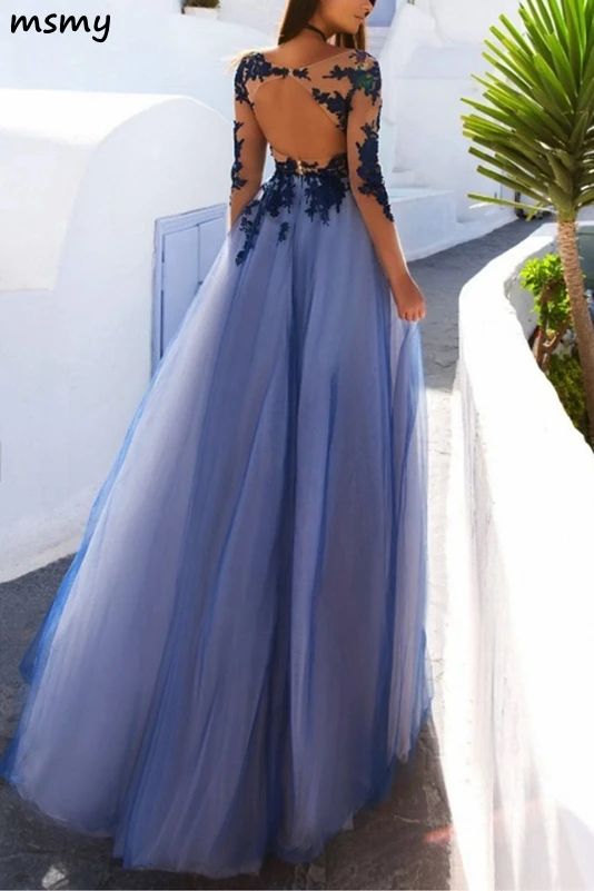 2018 A-LINE PROM DRESSES LAVENDER BATEAU LONG SLEEVE PROM DRESS EVENING DRESSES2