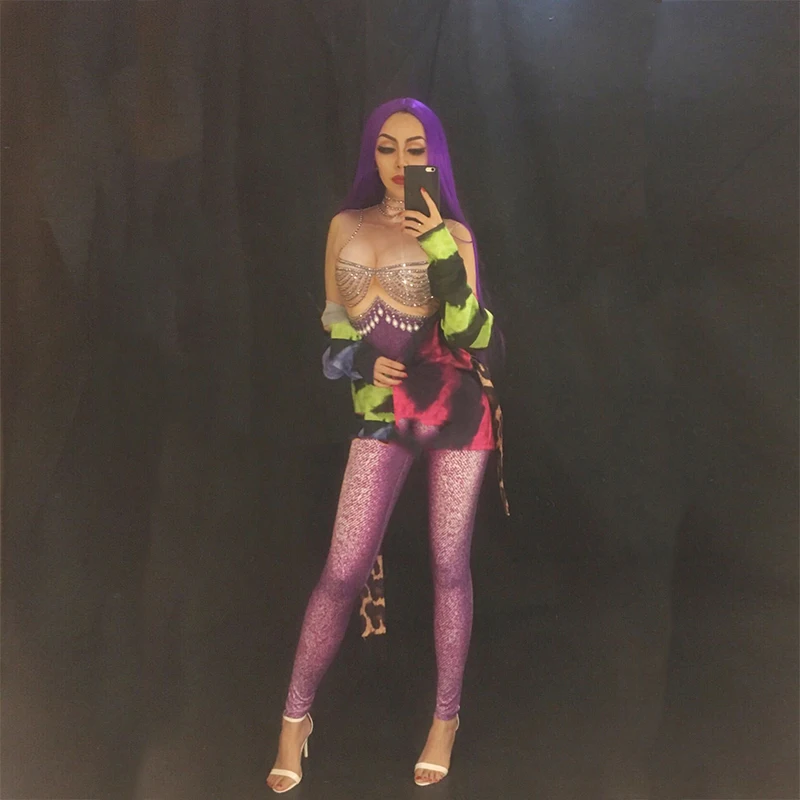 Purple Crystals Printed Snake Jumpsuit Party Stage Wear Sexy Rompers Costume Women's Performance Celebrate Bodysuit Outfit |